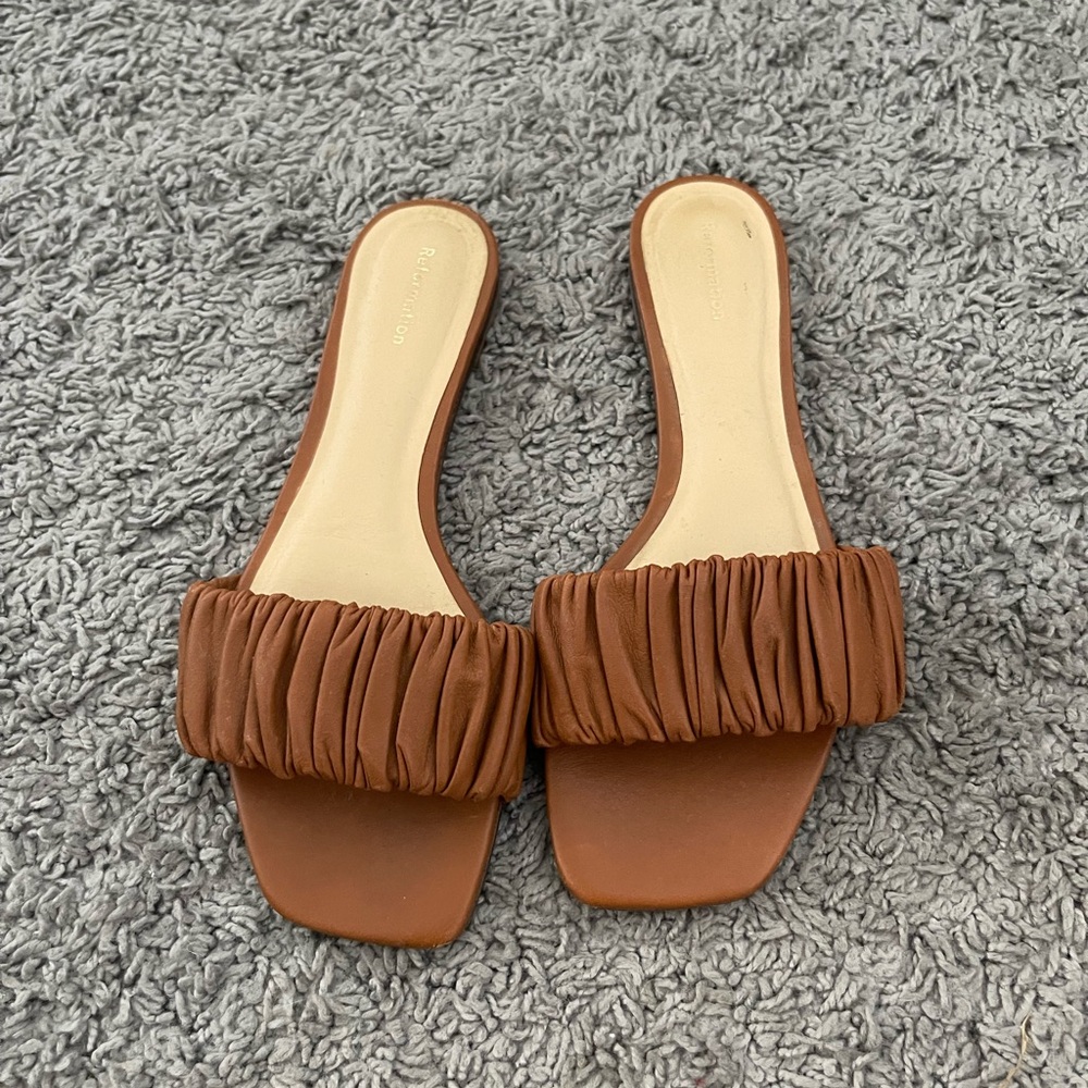 Reformation ruched slide sandal. Lightly worn, great condition.